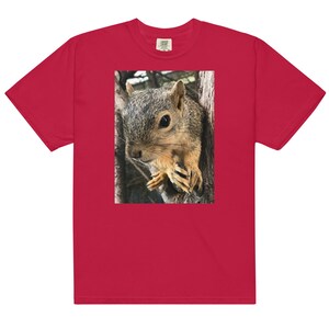 Puede incluir: Camiseta roja con una imagen de una ardilla marrón y gris asomándose de un árbol. La ardilla tiene pelaje marrón y gris. La camiseta es de material suave y tiene cuello redondo.