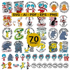 Pakiet 70 projektów SVG z cytatami inspirowanymi twórczością Dr. Seussa (do pobrania natychmiast)