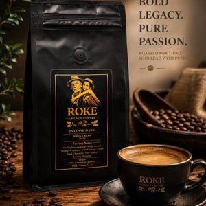 May include: A black bag of Roke Legacy Coffee Intense Bark whole bean coffee, 12 oz, featuring an illustration of an adult and child. Beside it sits a black ceramic cup of coffee on a saucer, with text reading BOLD LEGACY. PURE PASSION.