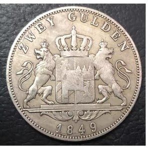 1849 Bavaria 2 Gulden Replica Coin – Silver Plated Copy of Maximilian II German Coin