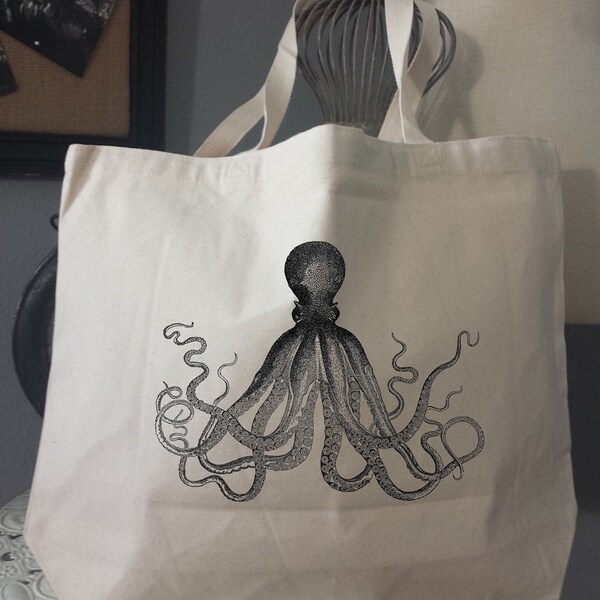 Canvas Tote Bag- Large Carry All Cotton Canvas Tote- Octopus-Grey-Vintage Look