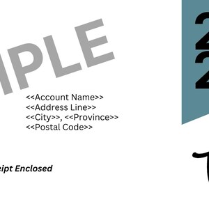 May include: A white donation tax receipt with the word "SAMPLE" in large gray letters. The text "Official Donation Tax Receipt Enclosed" is at the bottom. A teal banner displays "20 24" and the words "THANK YOU!" are written in black.
