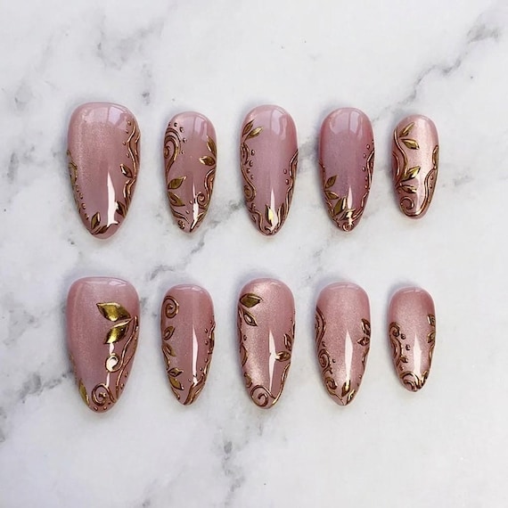 Gold Floral Pink Cat Eye Press On Nails, 3D Gold Chrome Nail Art Design