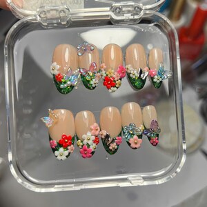 3D Flower Garden Press On Nails with Butterfly Accents, Handmade Garden Party Nails with Colorful Blossoms, Romantic Nails for Nature Lovers