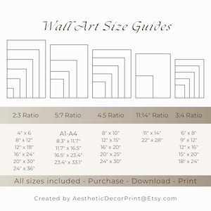 Op de afbeelding: Een beige afbeelding met de tekst "Wall Art Size Guides" en beeldverhoudingen. Bevat afmetingen in inches voor 2:3, 5:7, 4:5, 11x14 en 3:4 verhoudingen. De tekst onderaan luidt "All sizes included - Purchase - Download - Print".