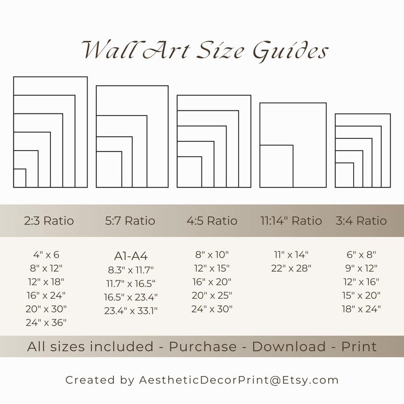 Op de afbeelding: Een beige afbeelding met de tekst "Wall Art Size Guides" en beeldverhoudingen. Bevat afmetingen in inches voor 2:3, 5:7, 4:5, 11x14 en 3:4 verhoudingen. De tekst onderaan luidt "All sizes included - Purchase - Download - Print".