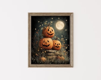 Jack O'Lanterns-print, Halloween-print, Dark Academia Wall Art-decor, Halloween-afdrukbaar, vintage vollemaanposter