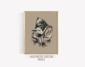 Good Shepherd Print, Vintage Christian Printable, Jesus with sheep Wall Art, Good Shepherd Poster, Jesus with sheep Gift