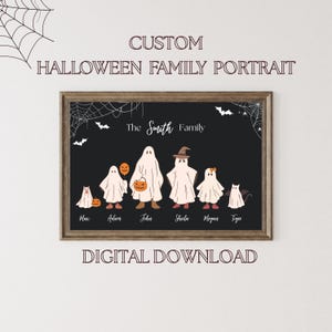 May include: A framed Halloween family portrait featuring ghost-like figures with names below. The text "CUSTOM HALLOWEEN FAMILY PORTRAIT" and "DIGITAL DOWNLOAD" are displayed above and below the portrait. The family name "The Smith Family" is also displayed.