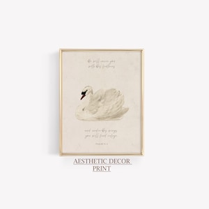Könnte beinhalten: Gerahmter Druck mit einer Illustration eines Schwans und handschriftlichem Text. Das Kunstwerk enthält die Worte "Er wird dich mit seinen Federn bedecken" und "und unter seinen Flügeln wirst du Zuflucht finden". Der Text "Aesthetic Decor Print" steht unten.