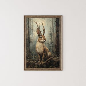 Jackalope Printable, Dark Maximalist Print, Dark Academia Wall Art Decor, Jackalope Painting, Gothic Forest Wall Print