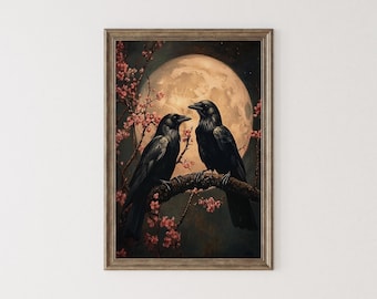 May include: Framed artwork featuring two black crows perched on a branch, set against a full moon and flowering branches. The artwork has a vintage aesthetic with a warm color palette, creating a romantic and gothic theme.