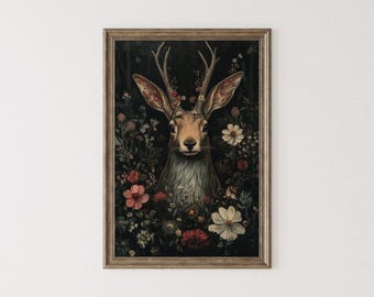 Jackalope Printable, Dark Maximalist Print, Dark Academia Wall Art Decor, Jackalope William Morris Style Painting