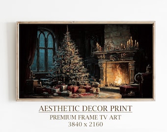 May include: Aesthetic decor print featuring a cozy Christmas scene. A decorated Christmas tree stands in front of a fireplace with a roaring fire. Presents are scattered around the tree. The image is framed and includes the text "Aesthetic Decor Print".