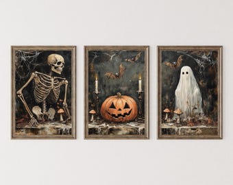 Skeletafdruk, Halloween-afdrukken, galerijmuurkunst set van 3, Dark Academia-decor, Halloween Jack O'Lanterns en Gost