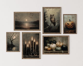 Stampe di Halloween, set di 6 stampe da parete per gallerie, decorazioni Dark Academia, stampe gotiche di Halloween, set Dark Moody