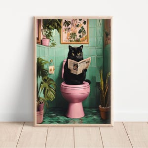 Black Cat Reading Newspaper On Toilet, Cute Bathroom Print, Bathroom Decor Poster, Funny Toilet Wall Art, Cat Printable