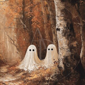 Op de afbeelding: Een herfstbos schilderij met twee witte spookfiguren met zwarte ogen. Het schilderij heeft een warm kleurenpalet van bruin, oranje en beige, met een pad dat het bos in leidt. De geesten staan dicht bij elkaar.
