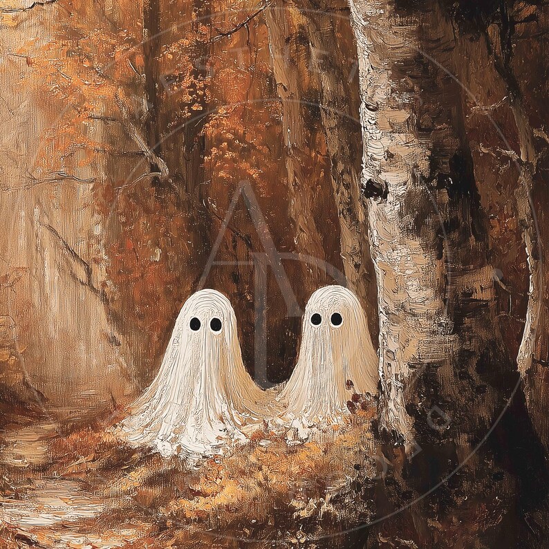 Op de afbeelding: Een herfstbos schilderij met twee witte spookfiguren met zwarte ogen. Het schilderij heeft een warm kleurenpalet van bruin, oranje en beige, met een pad dat het bos in leidt. De geesten staan dicht bij elkaar.