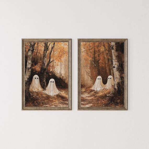 Moody Ghost Painting, Halloween Prints, Gallery Wall Art Set Of 2, Dark Academia Decor, Halloween Printable, Autumn Set