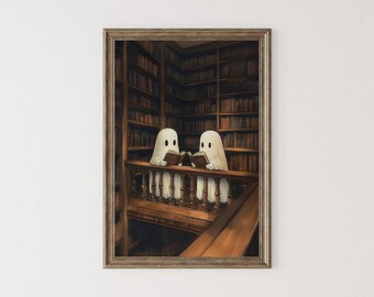 Dwa duchy w bibliotece do druku, wydruk maksymalistyczny na Halloween, dekoracja ścienna Dark Academia, duch książkowy na Halloween