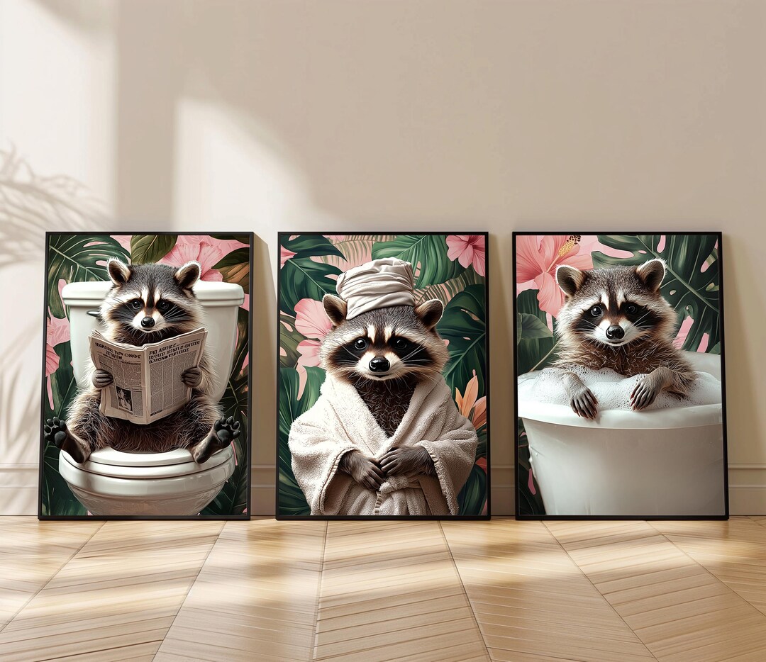 Raccoon on Toilet Print, Cute Bathroom Print, Gallery Wall Art Set of 3 ...