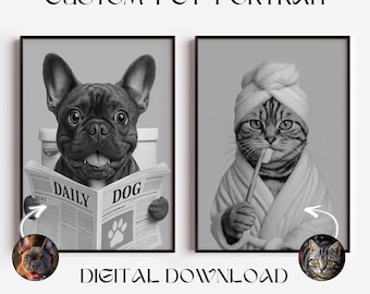 Custom Pet Portrait Photo, Funny Bathroom Wall Art, Dog Reading Newspaper on Toilet, Pet in Bathtub, Personalized pet gift, Dog in Toilet