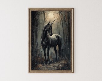 Dark Unicorn Maximalist Print, Dark Academia Wall Art Decor, Forest Painting, Gothic Unicorn Poster, Moody Printable
