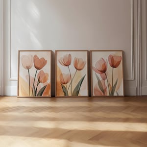 Tulips Prints, Gallery Wall Art Set Of 3, Flowers Prints, Floral Printable, Modern Botanical Poster, Tulip Pink Tone Set