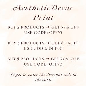 May include: Aesthetic Decor Print advertisement with text offering discounts. Buy 2 products, get 55% off with code OFF55. Buy 3 products, get 60% off with code OFF60. Buy 5 products, get 70% off with code OFF70.