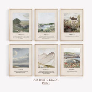 May include: Six framed aesthetic decor prints with gold frames. Each print features a landscape painting with a bible verse. The prints include images of a landscape, a river, a house, mountains, and a coastal scene. The text "Aesthetic Decor Print" is at the bottom.