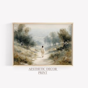 May include: A framed print featuring a serene landscape with a figure walking down a path. The artwork is rendered in soft, muted tones of beige, green, and blue, with trees lining the path. The text "AESTHETIC DECOR PRINT" is at the bottom.
