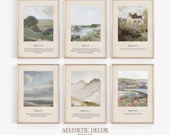 May include: A set of six vertical rectangular wall art prints in gold frames, each featuring a landscape painting with a specific Bible verse printed in black text below the image, including scenes of hills, water, a house, clouds, and mountains.