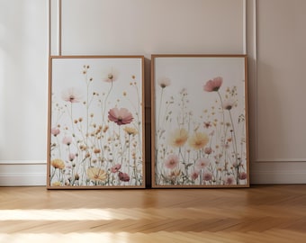 Wildflowers Field Print, Gallery Wall Art Set Of 2, Flowers Prints, Floral Printable, Minimalist Botanical Poster Set