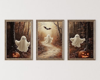 Ghosts in the Autumn Forest, Halloween-print, galerij muurkunst set van 3, decor Dark Academia, Halloween Jack O'Lanterns