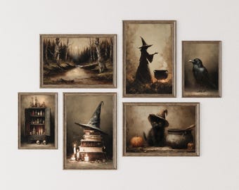 Stampe dark moody, stampe di Halloween, set di 6 stampe da parete per gallerie, decorazioni dark academia, stampe da galleria di streghe di Halloween
