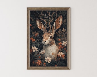 Jackalope Printable, Dark Maximalist Print, Dark Academia Wall Art Decor, Jackalope William Morris Style Painting