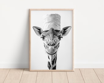 Funny Giraffe With Paper On Head Print, Cute Bathroom Print, Bathroom Decor Poster, Funny Toilet Wall Art, Black & White