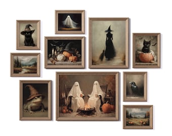 Stampe dark moody, stampe di Halloween, set da 10 stampe da parete per gallerie, decorazioni dark academia, stampe da galleria di streghe di Halloween