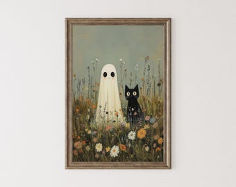 May include: A framed art print featuring a whimsical scene of a ghost and a black cat in a field of wildflowers. The ghost is draped in a cream-colored sheet with large, black eyes. The black cat sits upright, gazing forward.