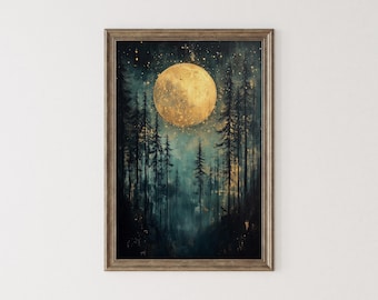 May include: Framed art print depicting a golden moon over a dark forest. The artwork features tall, silhouetted trees and a starry night sky. The color palette includes shades of teal, gold, and brown, creating a mystical and serene atmosphere.