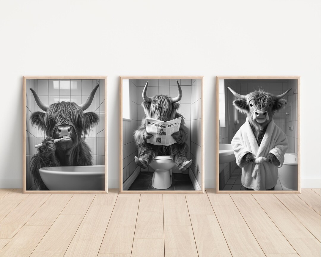 Highland Cow on Toilet, Cute Bathroom Print, Gallery Wall Art Set of 3 ...