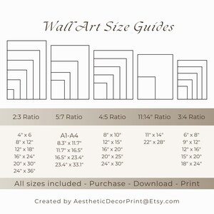 May include: A beige graphic with the text "Wall Art Size Guides" and size ratios. Includes dimensions in inches for various print sizes, such as 4" x 6", 8" x 10", and 11" x 14". The text "All sizes included - Purchase - Download - Print" is also present.