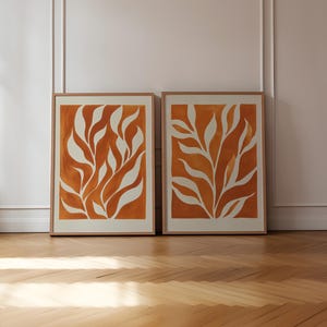 Burnt Orange Botanical Print, Gallery Wall Art Set Of 2, Flower Prints, Earth Tones Printable, Modern Mid Century Poster