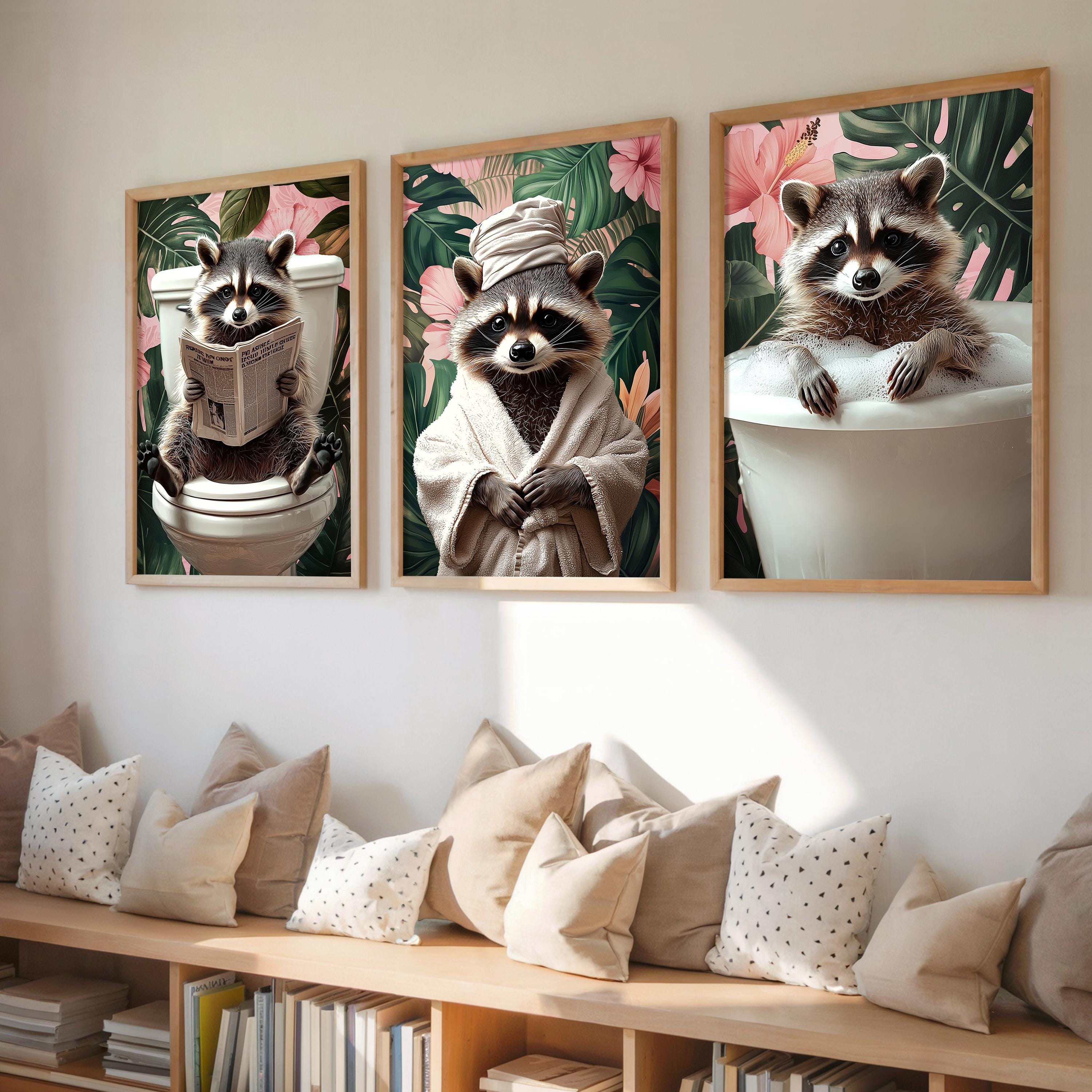 Raccoon on Toilet Print, Cute Bathroom Print, Gallery Wall Art Set of 3 ...