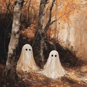 Op de afbeelding: Een olieverfschilderij toont twee witte spookfiguren met zwarte ogen in een bos. De achtergrond toont bomen met bruine en oranje bladeren, wat een griezelige herfstsc&egrave;ne cre&euml;ert. Het kunstwerk heeft een vintage, schilderachtige stijl.