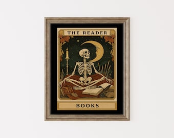 The Reader Tarot Print, Skeleton Reader Tarot Card Wall Art, Book Lover Dark, Witchy Reading Nook Art, Bookish Gothic
