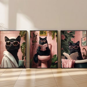 Svarta katter på toaletten-tavla, söt badrumstavla, galleriväggkonst set med 3, badrumsdekorationsposter, rolig toalett rosa