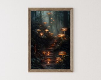 Ethereal Mushroom Forest Scene, Dark Maximalist Print, Dark Academia Wall Art Decor, Mystical Painting, Gothic Poster