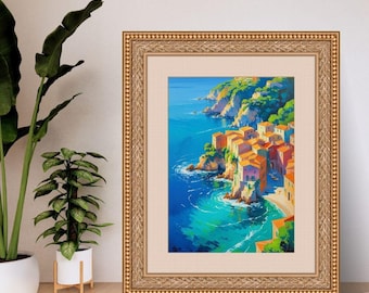 Cliffside Italian Village Art Print – Colourful Coastal Wall Art | Mediterranean Landscape Painting | Italy Travel Decor